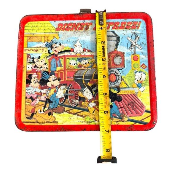 Vintage Disney Express Metal Lunchbox Train Theme Mickey Mouse Distress Red READ - Picture 3 of 16